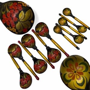 Lot Vtg Wooden Black Lacquer Khokhloma Russian Folk Art Bowl Large Spoon jar
